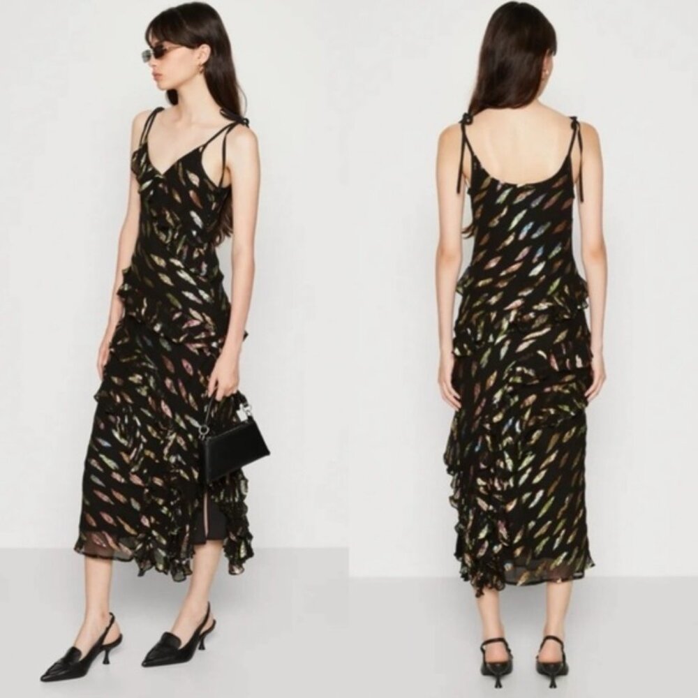 Never Fully Dressed Faro Maxi Dress Metallic Jacquard Tie Strap Ruffle, Size 18